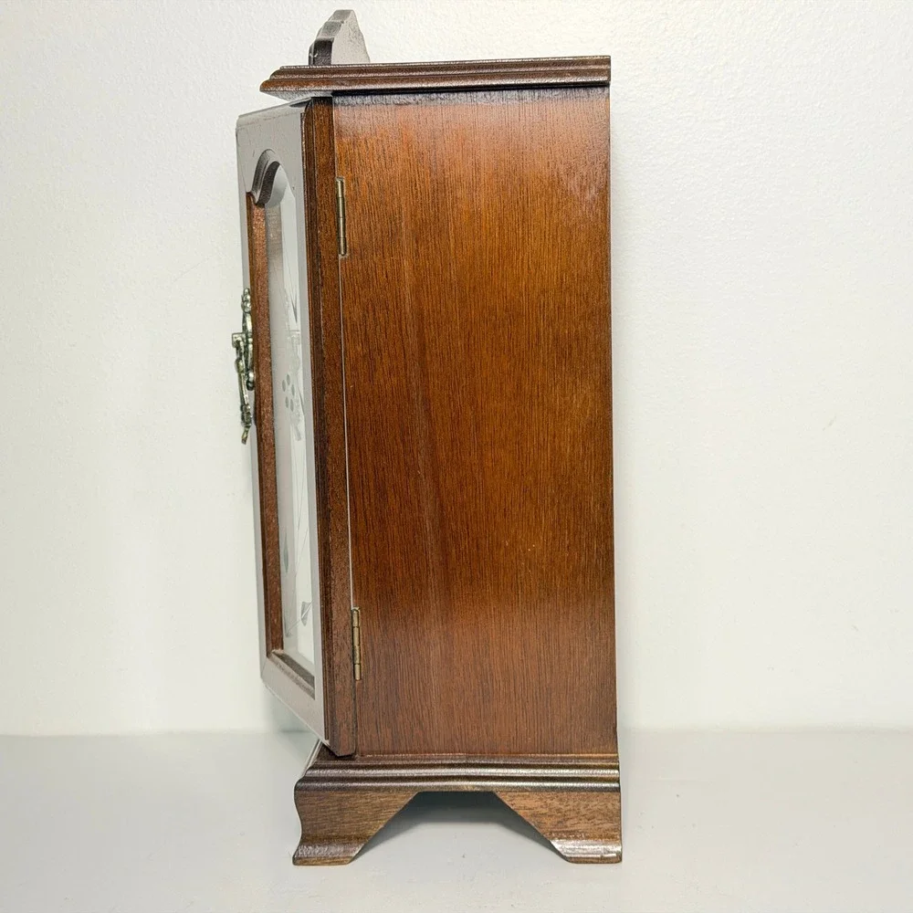 Vintage Wood Jewelry Cabinet Necklace Carousel Etched Glass Mirrored Ring Holder
